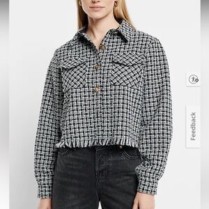 Express Boucle Printed Fringe Hem Cropped Shacket- Size XS